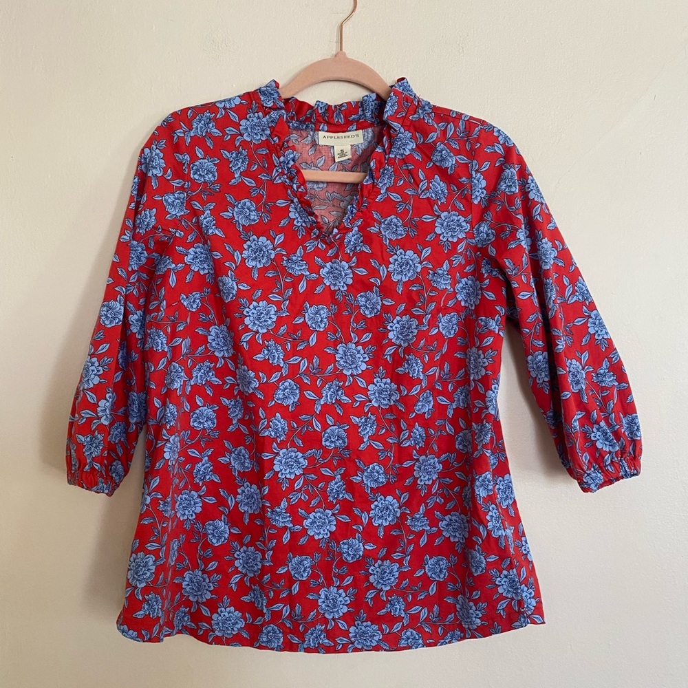 Appleseed's Red Blouse with Blue Floral Print and Ruffle Neck